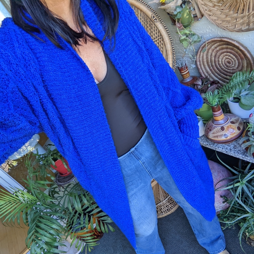 Vintage 80s Oversized Cardigan Sweater Cobalt Blue Boucle Duster Yarn Works S